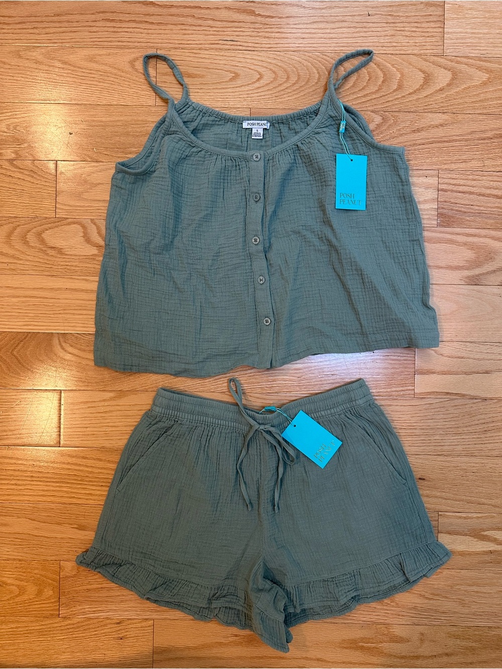 Posh Peanut Sage Green Button-Front Cami & Ruffle Lounge Shorts Set